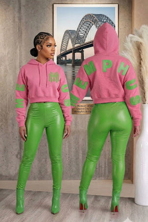 MEMPHUS "Statement Back" Crop Hoodie {PINK + GREEN} PREORDER