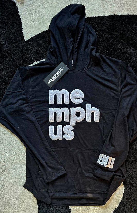 Black and white long sleeve tee with hood and front pouch