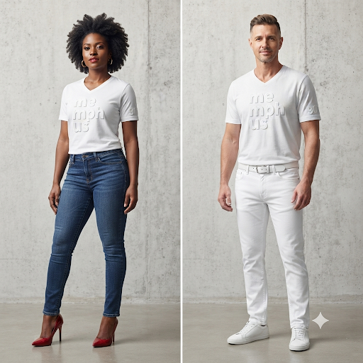White on white V neck emboss stacked logo