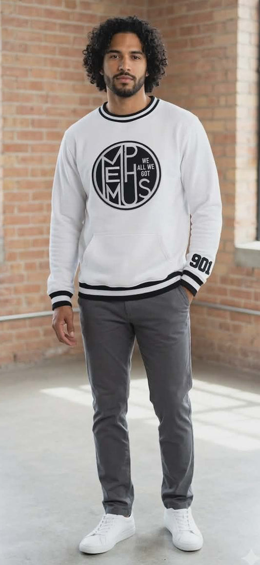 White crewneck with black round logo