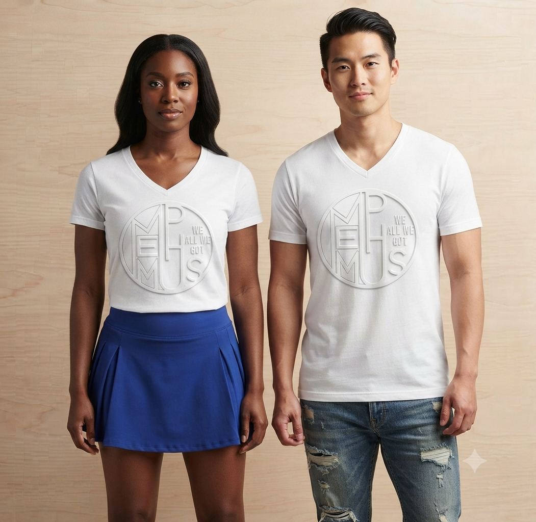 White on white V neck emboss round logo