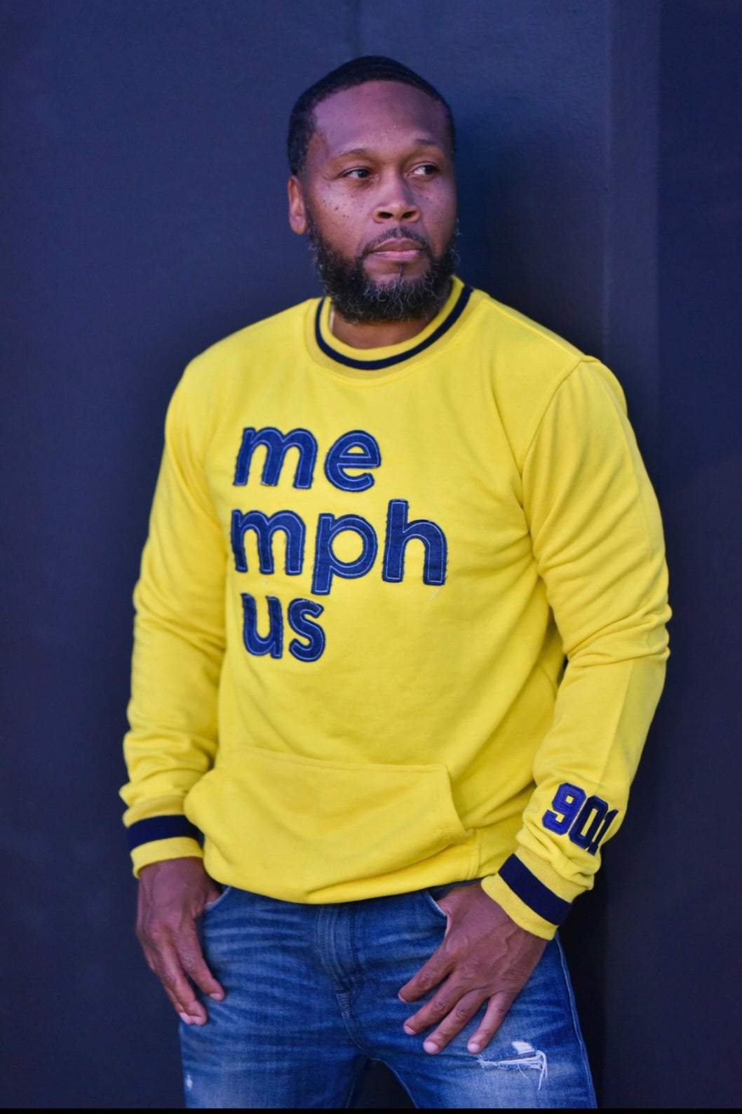 Yellow and blue denim letters